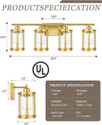 4-Light Brushed Gold Bathroom Light Fixtures, 29 Inch Modern Bathroom Vanity Lighting Fixtures Over Mirror with Clear Glass and Metal Cage Wall Sconce Lights for Bath, E26, OS-3014BG-4W