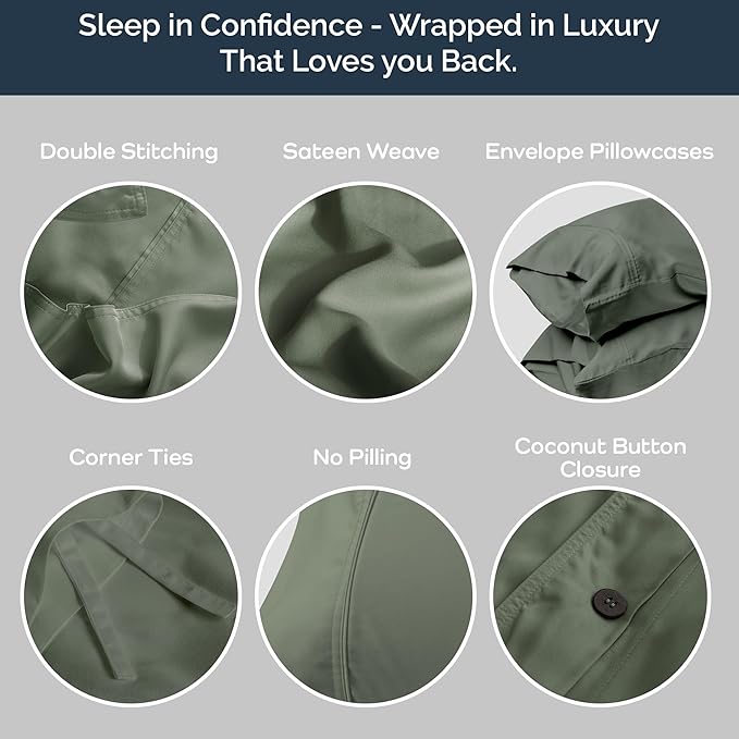 Olive + Crate Tencel Eucalyptus Cooling Duvet Cover Set - Hypoallergenic, Lyocell Tencel Duvet Cover - Soft, Temperature Regulating with Hidden Button Closure & Corner Ties - King Size [Moss]