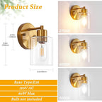1-Light Wall Sconce Gold,Vanity Light, Wall Mount Bathroom Mirror Fixtures, Brass Bathroom Light fixtures with Clear Glass Shade for Bedroom, Entrance, Hallway, Living Room (1 Pack)