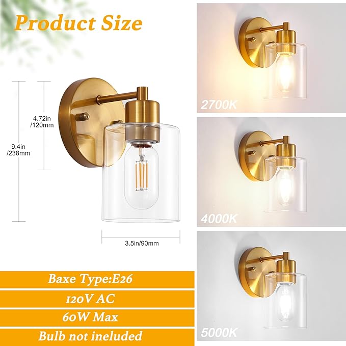 1-Light Wall Sconce Gold,Vanity Light, Wall Mount Bathroom Mirror Fixtures, Brass Bathroom Light fixtures with Clear Glass Shade for Bedroom, Entrance, Hallway, Living Room (1 Pack)
