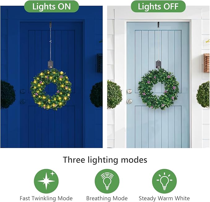 Solar Spring Wreath for Front Door Pre-lit 16inch 30LED Wreaths Spring Summer Decor for Outside Aftificial Purple Flower Wreaths Home Decorations Wreath for Door Festival Decor