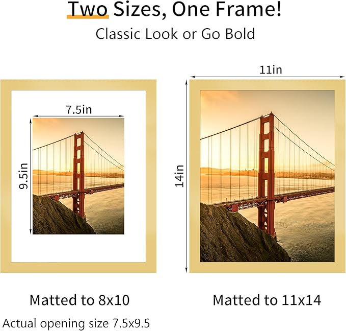 11x14 Picture Frame 3 Pack - Gold Poster Frame Display Pictures 8x10 with Mat or 11 x 14 Without Mat for Wall Hanging Horizontal and Vertical