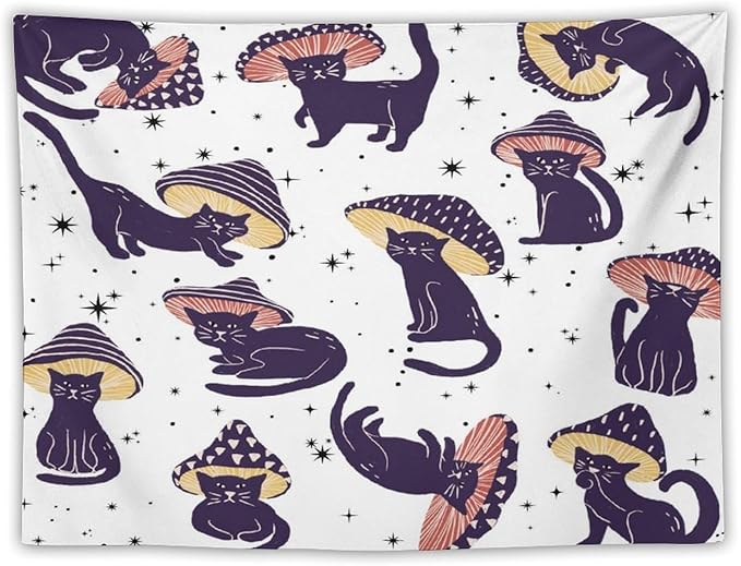 VUMIVI Funny Cat Mushroom Tapestry Retro 70s Hippie Style Cute Black Kitten Star Aesthetic Art Print Tapestry Wall Hanging for Living Room Bedroom Dorm Classroom Aesthetic Decor W40xL30in