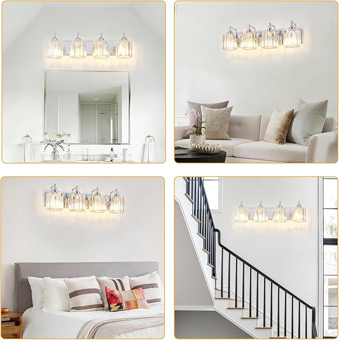 4-Light Modern Bathroom Light Fixture Chrome Bathroom Vanity Lights Over Mirror Wall Sconce Lighting with K9 Crystal Shades E26 Base for Bedroom, Living Room, Hallway, Cabinet Wall Lamp