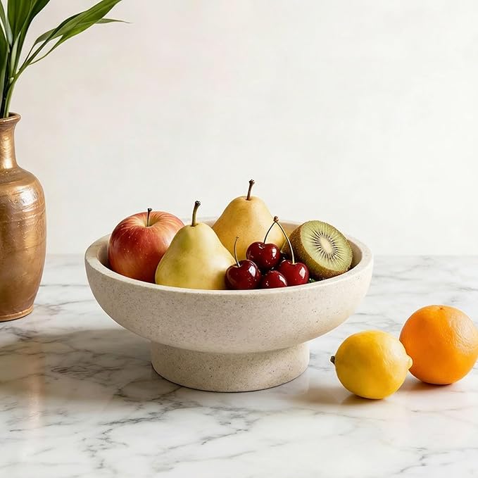 Modern Decorative Fruit Bowl for Keys Entryway Table, Holder Kitchen Countertop Minimalist Home Decor Accents Aesthetic With Pedestal,Artificial Stone Beige
