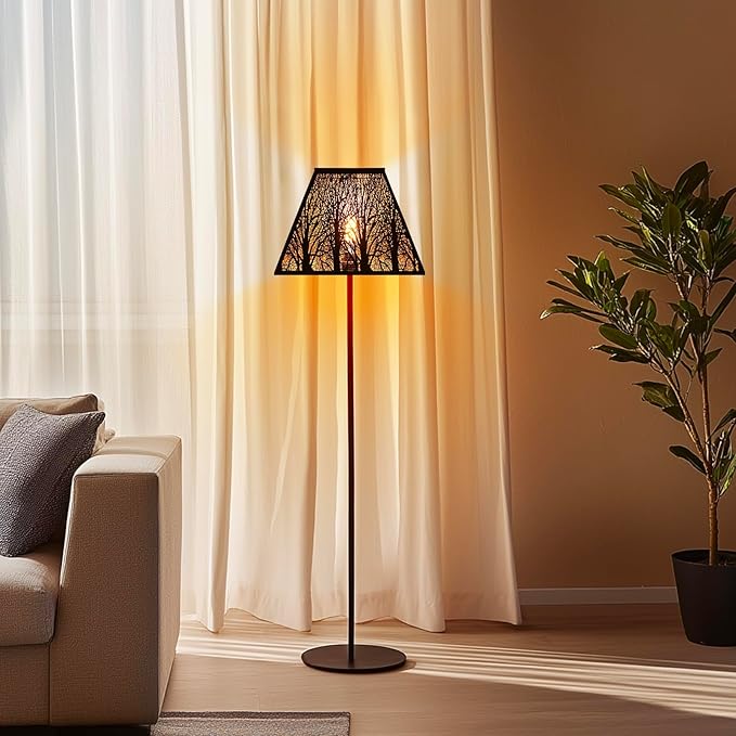 Large Metal Lampshade New Pyramid Shape Design 7'' Top 14'' Bottom 10'' Height ALUCSET Square Bell Shade Lamp Shade Forest Design Black and Gold fits for Table Lamps and Floor Lamps