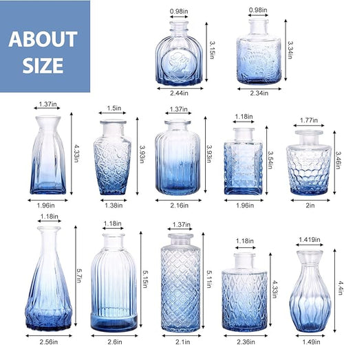 12 Pack Blue Glass Bud Vase Set, Small Vintage Vases for Centerpieces, Decorative Flower Vases for Wedding Home Table Decor