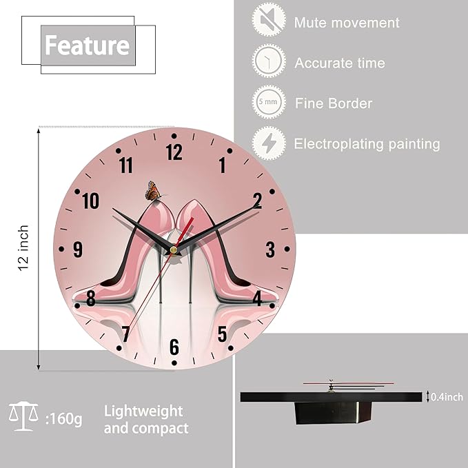 SPUNKER Clock for Bedroom,Pink High Heel Shoes Wall Clocks,Butterfly Battery Operated Wall Clock Silent Non-Ticking Decorative for Home Kitchen Bathroom Living Room Bedroom Office 10 Inch