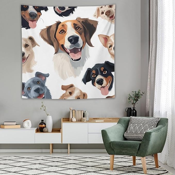 VUMIVI Cartoon Dog Tapestry Black & White Pet Dog Heads Cute Illustration Modern Creative Design Tapestry Wall Hanging for Living Room Bedroom Dorm Classroom Aesthetic Decor W60xL60in