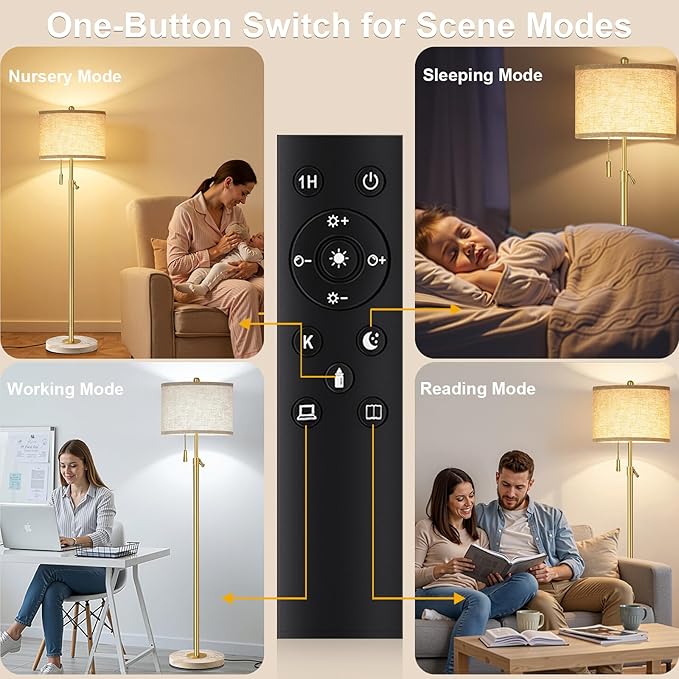 Modern Gold Floor Lamp for Living Room, Floor Lamp with Remote Control, Adjustable Height Standing Lamp with Marble Base & Linen Shade, Dimmable Tall Floor Light for Bedroom, Reading
