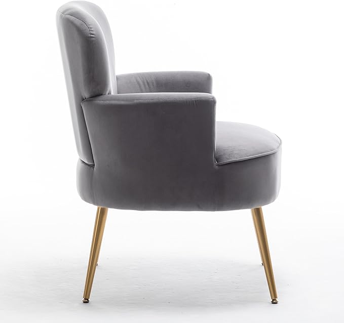 Trendy Velvet Accent Chair with Gold Metal Legs, Upholstered Armchair for Small to Mid-Size Spaces, Modern Living Room, Bedroom, Vanity Desk and Entryway, Grey