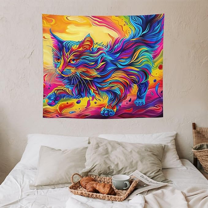 VUMIVI Colorful Cat Tapestry Pet Oil Painting Print Rainbow Colorful Abstract Art Pattern Tapestry Wall Hanging for Living Room Bedroom Dorm Classroom Aesthetic Decor W60xL50in