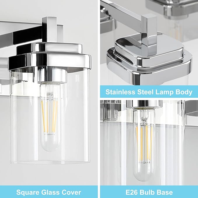 Vanity Light Fixture,3-Light Vanity Light for Bathroom,Chrome Bathroom Vanity Lighting Over Mirror with Square Clear Glass Shade for Restroom