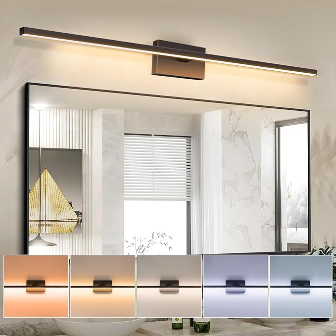 Bathroom Lights Over Mirror, 48 Inch 32W IP44 Black Modern Vanity Light, 5CCT Adjustable (2700K–5000K), Dimmable LED Light Fixture, Dual-Sided, 180° Rotatable Angle, ETL