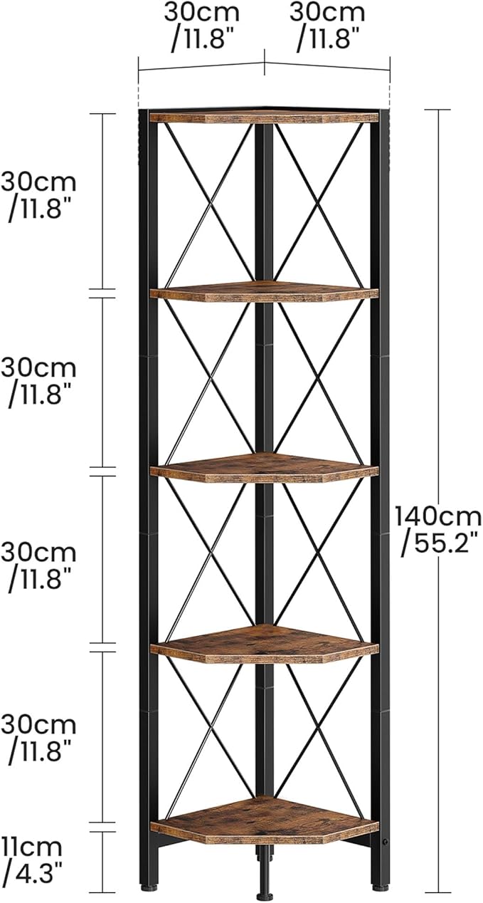 5-Tier Corner Shelf, Corner Bookcase, 55.2" Tall Vertical Display Rack, Plant Stand, Open Storage Shelf, for Living Room, Bedroom, Study, Kitchen, Rustic Brown and Black TCJ12BF