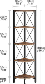 5-Tier Corner Shelf, Corner Bookcase, 55.2" Tall Vertical Display Rack, Plant Stand, Open Storage Shelf, for Living Room, Bedroom, Study, Kitchen, Rustic Brown and Black TCJ12BF