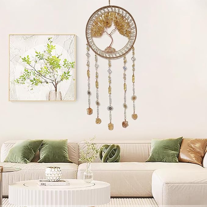 Crystal Tree of Life Dream Catchers with Stone Pendant Yellow Dream Catcher Wall Decor Handmade Dreamcatcher Wall Hanging Ornament for Bedroom Living Room Home Decor