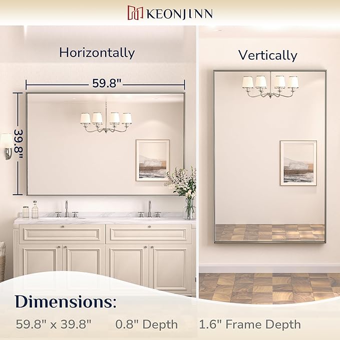 Keonjinn Brushed Nickel Bathroom Mirror 60 x 40 in Rectangle Frame Mirror for Over Sink, Rectangular Metal Framed Vanity Mirror Square Corner Aluminum Alloy Modern Silver Mirror(Horizontal/Vertical)