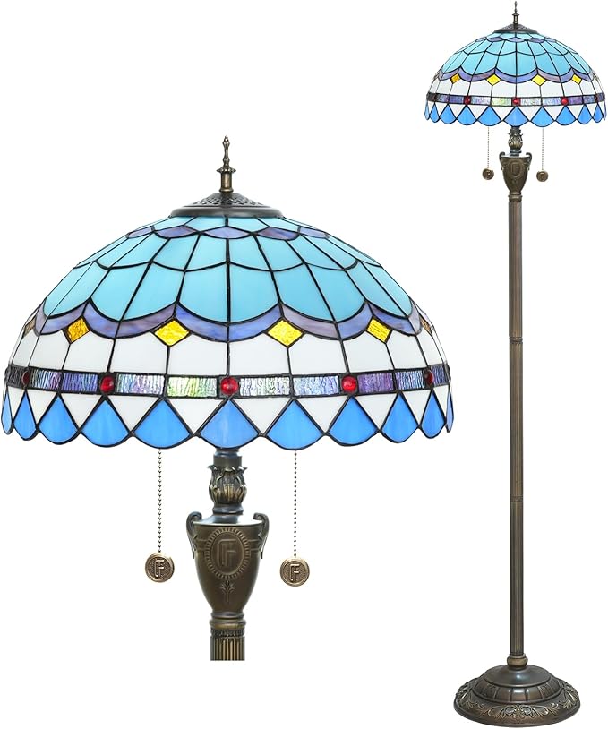 Tiffany Floor Lamp Blue Mediterranean Style Stained Glass Floor Light Bright Lighting Rustic Standing Lamp Vintage Unique Bronze Reading Corner Lamp for Home Decor Living Room Bedroom 16X16X64 Inches