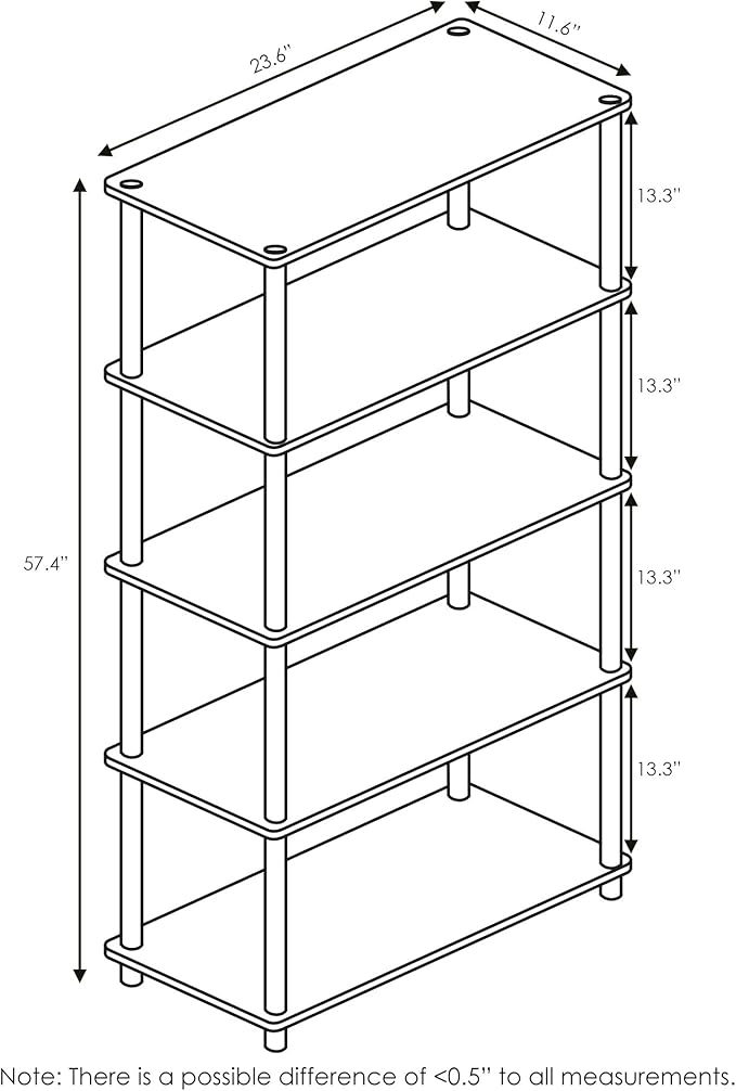 Furinno TURN-N-TUBE Storage Shelves, 5-Tier Book Shelf, Corner Shelf, Toolless Open Shelves, for Organization and Storage, Living Room, Garage, Home Office, Espresso