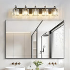5-Light Black Bathroom Light Fixture Modern Vanity Lights Over Mirror Vintage Wall Sconce Lighting for Bathroom, Bedroom, Living Room, Hallway E26 Base with Crystal Bathroom Vanity Light