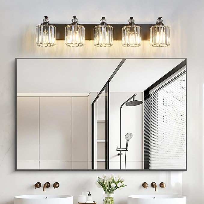 5-Light Black Bathroom Light Fixture Modern Vanity Lights Over Mirror Vintage Wall Sconce Lighting for Bathroom, Bedroom, Living Room, Hallway E26 Base with Crystal Bathroom Vanity Light