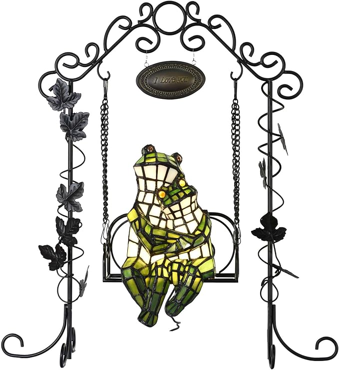 Bieye L12001 Frogs on a Swing Tiffany Style Stained Glass Accent Table Lamp for Home Décor