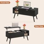 ALINE FURNITURE Black Lift Top Coffee Table with Hidden Storage Compartment, Solid Wood Legs & Open Shelves - 40" Pop Up Coffee Tables for Living Room