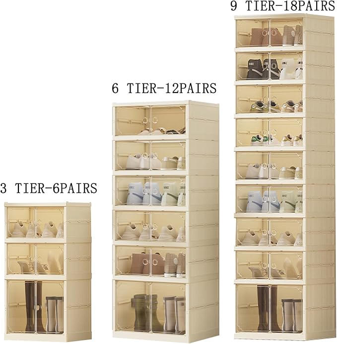 6Tier Foldable Shoe Rack Organizer for Closet,12Pairs Collapsible Plastic Shoe Shelf,Large Shoes Cabinet with Door,Clear Stackable Storage Box Easy Assembly,for Living Room (6Tier12Pairs Cream White)