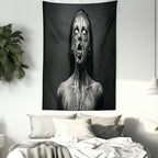 Ambesonne Zombie Tapestry Queen Size, Unusual Scream Monster Woman with Empty Eyes Looking up Horror Picture Design, Wall Hanging Bedspread Bed Cover Wall Decor, Queen Size, Black and White