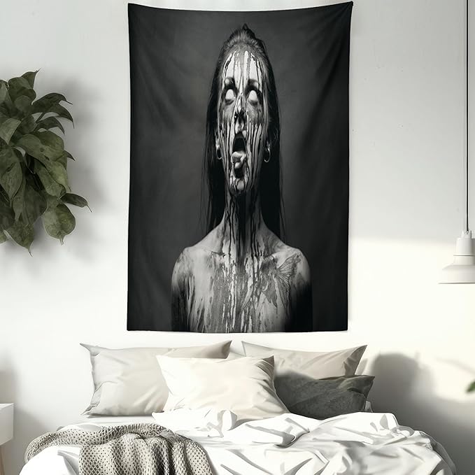 Ambesonne Zombie Tapestry, Unusual Scream Monster Woman with Empty Eyes Looking up Horror Picture Design, Fabric Wall Hanging Decor for Bedroom Living Room Dorm, 30" X 45", Black and White