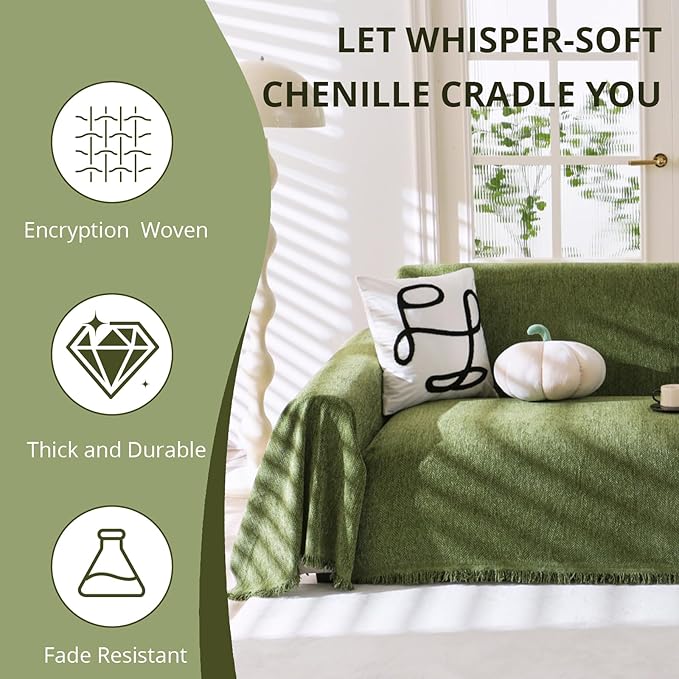 Couch Cover for Dogs, Non Slip Sofa Cover, Washable Couch Covers, 2 Cushion Sofa for Dogs Furniture Protector with Tassels Chenille Sofa Covers for Pets (Tassel Green, 71" x 102")