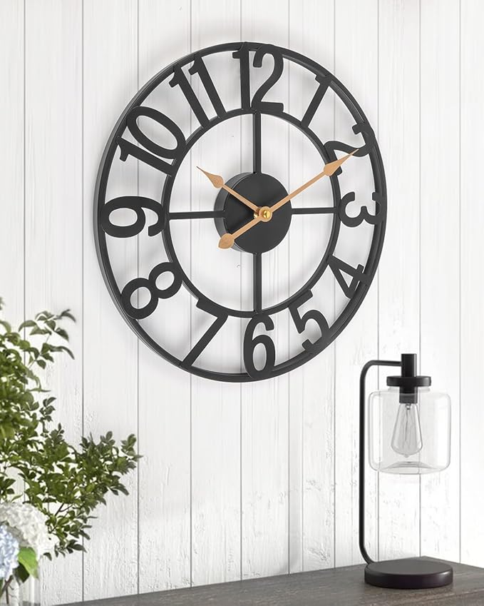Wall Clock, 14 Inch Silent Battery Operated Wall Clocks for Living Room Decor, Modern Farmhouse Vintage Black Metal Indoor Outdoor Large Analog Clock for Bedroom, Kitchen, Patio - Black