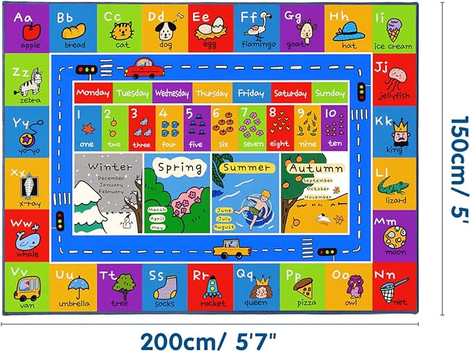Booooom Jackson ABC Rug Kids Rug Educational Rugs Non-Slip Kids Carpet with Alphabet, Number Mat for Children, Baby, Toddler Play, 4'11'' x 6'67''
