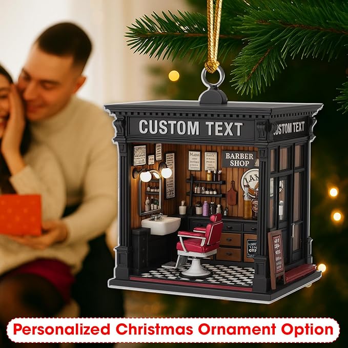 Personalized Barber Shop Christmas Ornament 2025, Custom Name Hair Salon Decor, 2D Flat Acrylic Xmas Tree Decoration, for Barber & Stylist