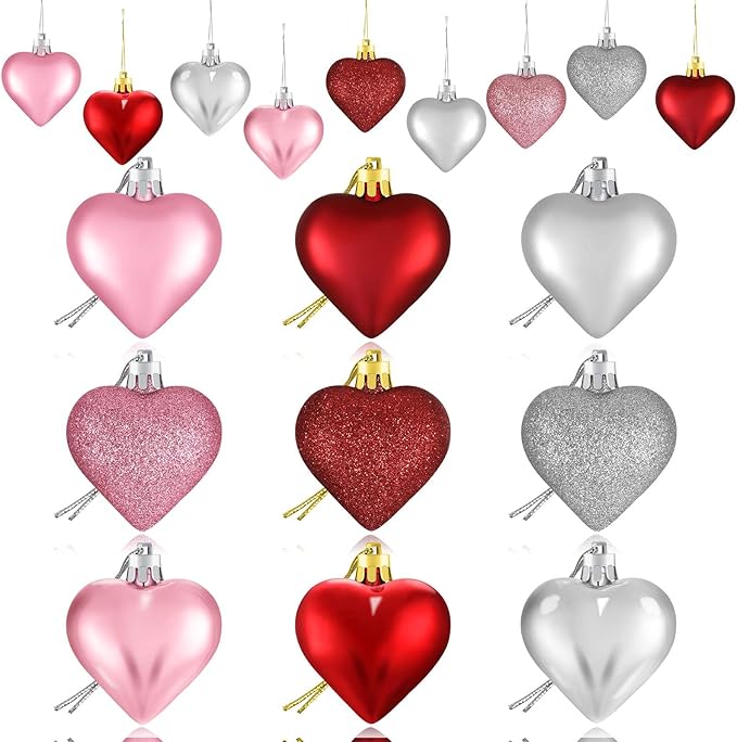 Skylety 60 Pieces Valentine's Day Heart Ornaments, Heart Shaped Decorations Tree Hanging Baubles for Valentine Wedding Anniversary, 3 Styles 2 Size (Multi-Color)