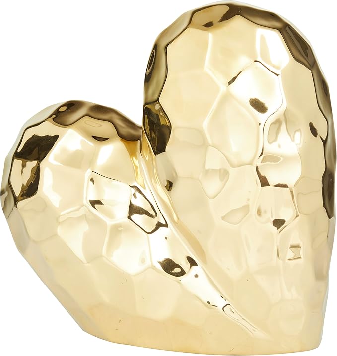 Deco 79 Porcelain Ceramic Heart Decorative Sculpture Dimensional Angled Origami Inspired Home Decor Statue, Accent Figurine 8" x 3" x 8", Gold