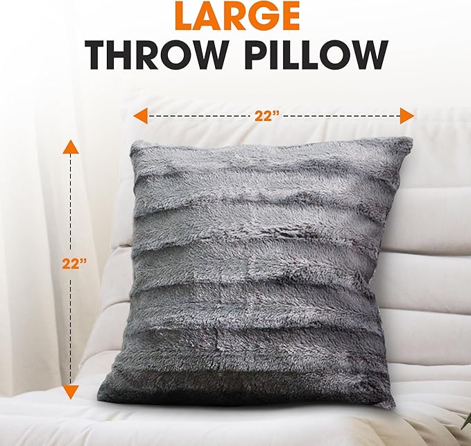 Cheer Collection Faux Fur Throw Pillows - Decorative Pillows for Couch, Bed Throw Pillows, Grey Accent Pillows for Bedroom or Living Room Aesthetic, Set of 2 Furry Throw Pillows, 22" x 22"