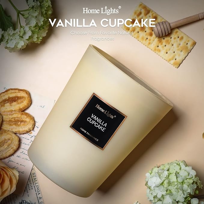 HomeLights Highly Scented Soy Candles Big 33.3 oz for Home. 3 Cotton Wicks, Smokeless Long Lasting 130 hrs in Vanilla Cupcake. 5x6, Great Gift for Women & Men