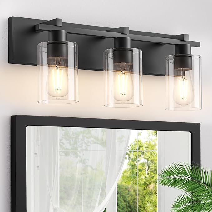 Espird Bathroom Vanity Light,3 Light Matte Black Light Fixture with Thickened Clear Glass Shade, 21 inch Modern Wall Sconce, Bathrooms Vanity Light Over Mirror for Bathroom