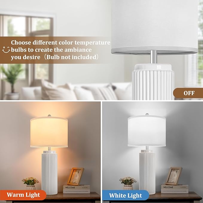 TOBUSA 28’’ Modern White Ceramic Lamps Set of 2 for Living Room, Vintage Nightstand Lamps for Bedroom, Farmhouse Bedside Lamps with Linen Shade, Elegant Decor Lamp Sets for Home Office