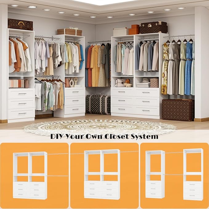 Dilando Closet System with Drawers 4FT Wood Closet Organizer System Walk-in Closet Standalone Corner Closets Storage with Hanging Rods White (4FT)