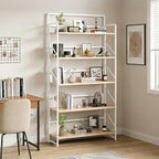 JSB Folding Bookshelf,Industrial Storage Shelves, No Assembly Vintage Wood Look Bookshelf with Storage Shelves for Living Room, Bedroom, Office (White, Wide 5-Tier)