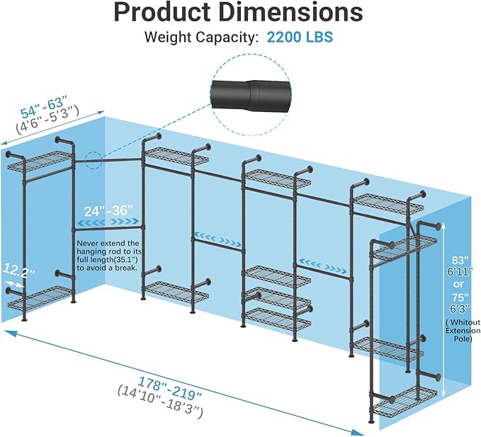Timate U4 U Shape Garment Rack Heavy Duty Clothes Rack for Hanging Clothes, Expandable Industrial Pipe Clothing Rack Wall Mounted Closet Extra Large Closet Rack Walk in Closet System, Closet Kit Black