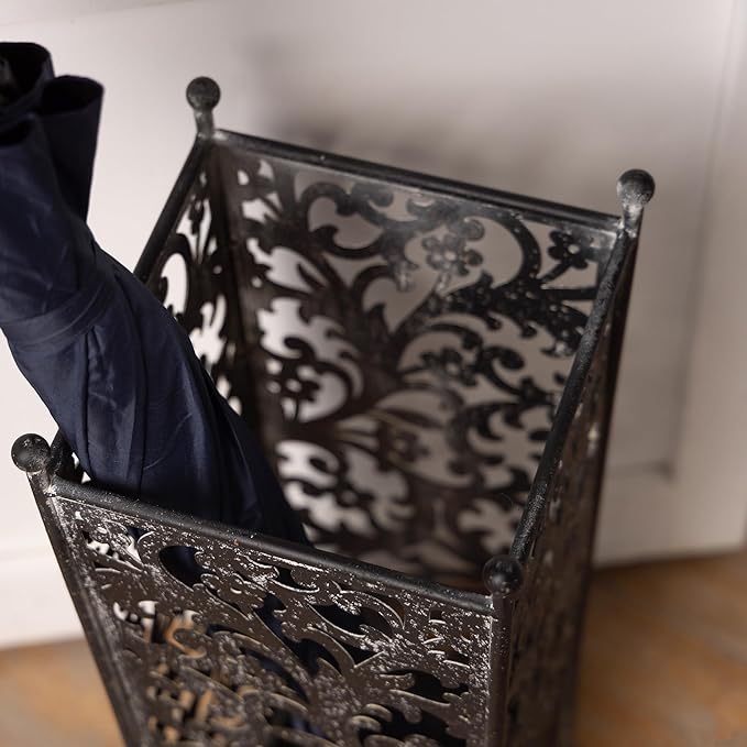 Vintage Metal Umbrella Holder Decorative Flower Design Square Umbrella Stands Entryway Organizer Bucket for Home/Office/Farmhouse - Holds Multiple Umbrellas, Walking Sticks & Canes (Black)