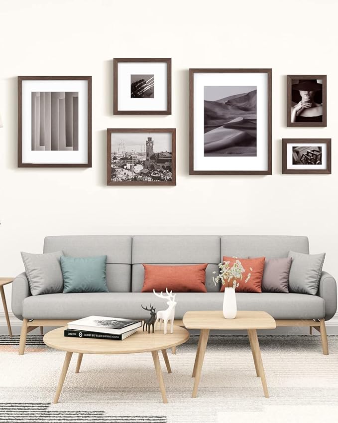 Egofine 11x14 Picture Frames Set of 4, Made of Solid Wood Covered by Plexiglass 5x7 and 8x10 with Mat or 11x14 without Mat, for Table Top Display and Wall Mounting Photo Frame Brown