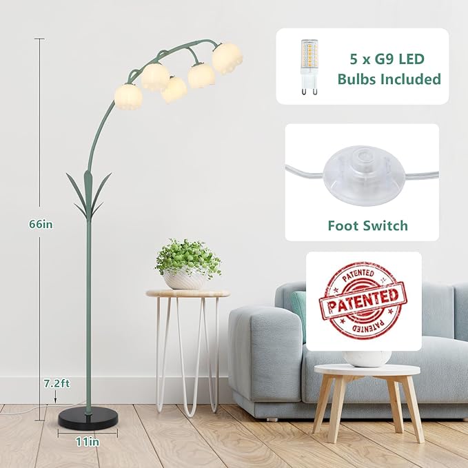 HMVPL Arc Floor Lamp for Living Room, Flower Floor Lamp with 5 G9 LED Bulbs, Foot Switch, Green Floral Standing Lamp with Acrylic Shade, Curved Tall Lamp for Living Room Bedroom Corner Kids Reading