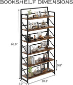 JSB Folding Bookshelf,Industrial Storage Shelves, No Assembly Vintage Wood Look Bookshelf with Storage Shelves for Living Room, Bedroom, Office (Fire Brown, Wide 6-Tier)