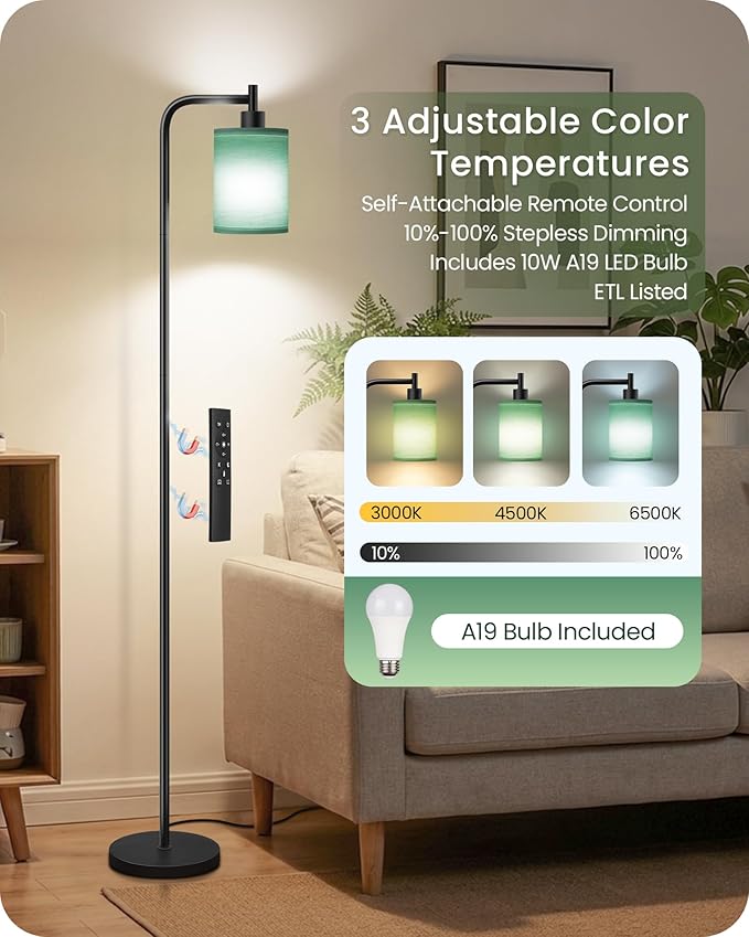 Dimmable Floor Lamp for Living Room with Remote and Foot Switch, Modern Standing, Corner Lamp,10W Bulb 3 Color Temperatures, for Bedroom, Office, Corner, ETL Listed, Black and Green J19LD05