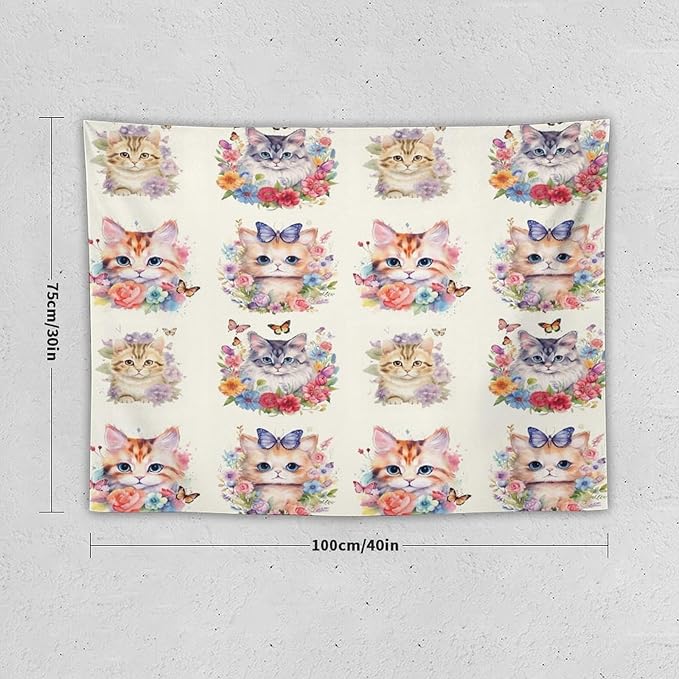 VUMIVI Watercolor Flower Cat Tapestry Colorful Cartoon Cute Animals Butterflies Abstract Art Print Tapestry Wall Hanging for Living Room Bedroom Dorm Classroom Aesthetic Decor W40xL30in